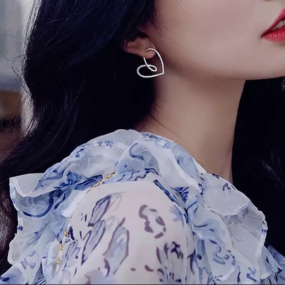 “Mine & Yours” Cursive Heart Gold Diamond Statement Artsy Abstract Cute Earrings - Picture 3 of 6